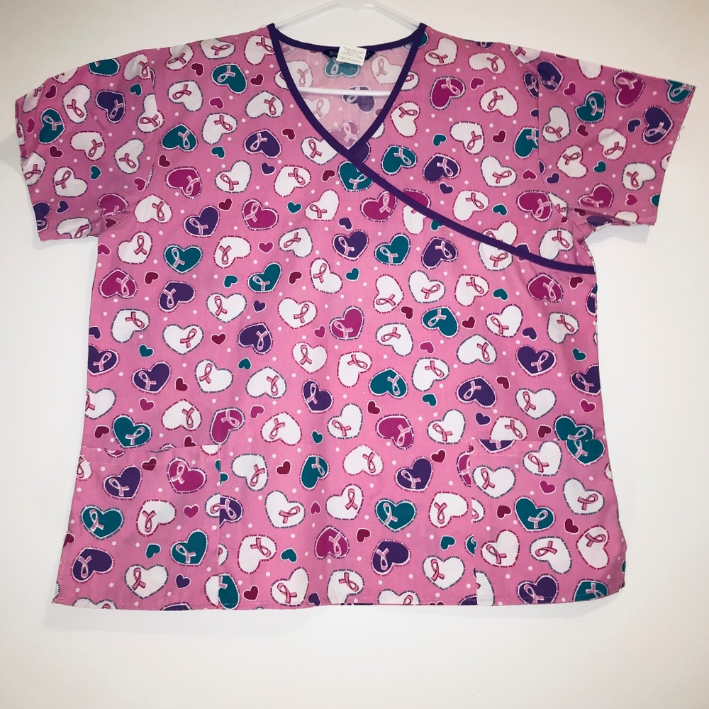 Samantha Mara Pink Breast Cancer Awareness Scrub Top 2X Ribbon Heart V-Neck